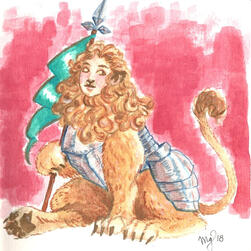 wingless sphinx in silver armor holding a teal banner. she is looking away from the viewer off to the side. the background is varied washes of red.